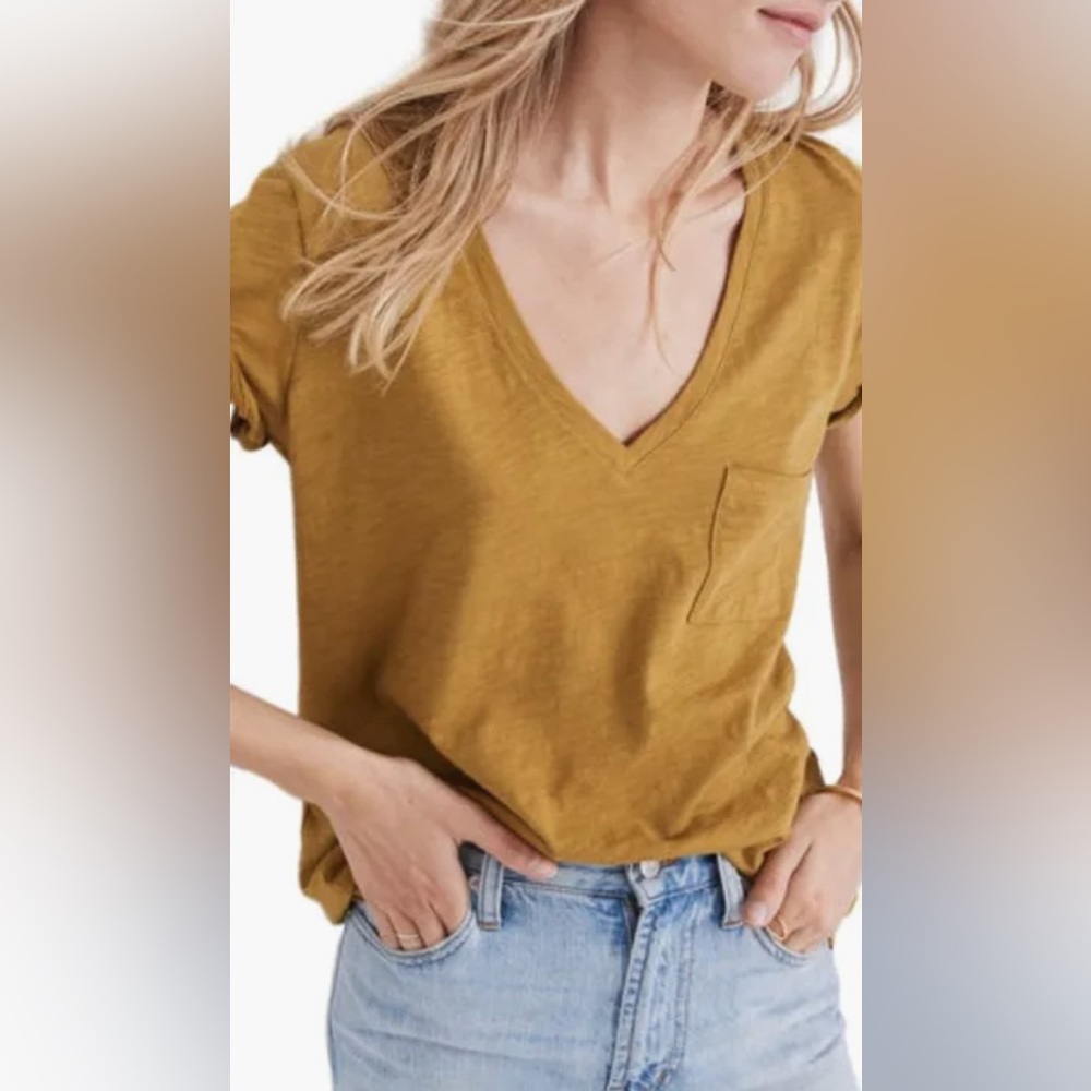 Madewell Whisper Cotton VNeck Pocket Tee short sleeve Mustard Gold Yellow Womens